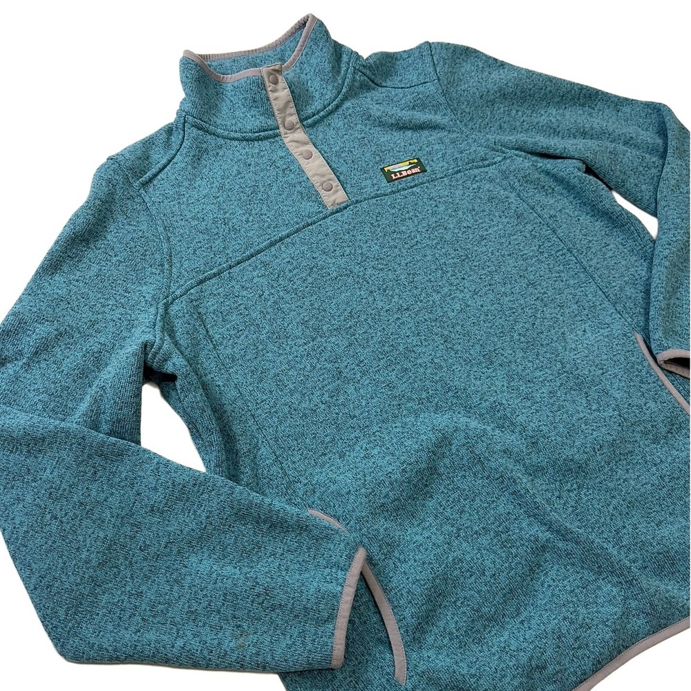 LL Bean Sweater Fleece Pullover Mens XL Teal Blue Snap Neck Katahdin Logo 292726